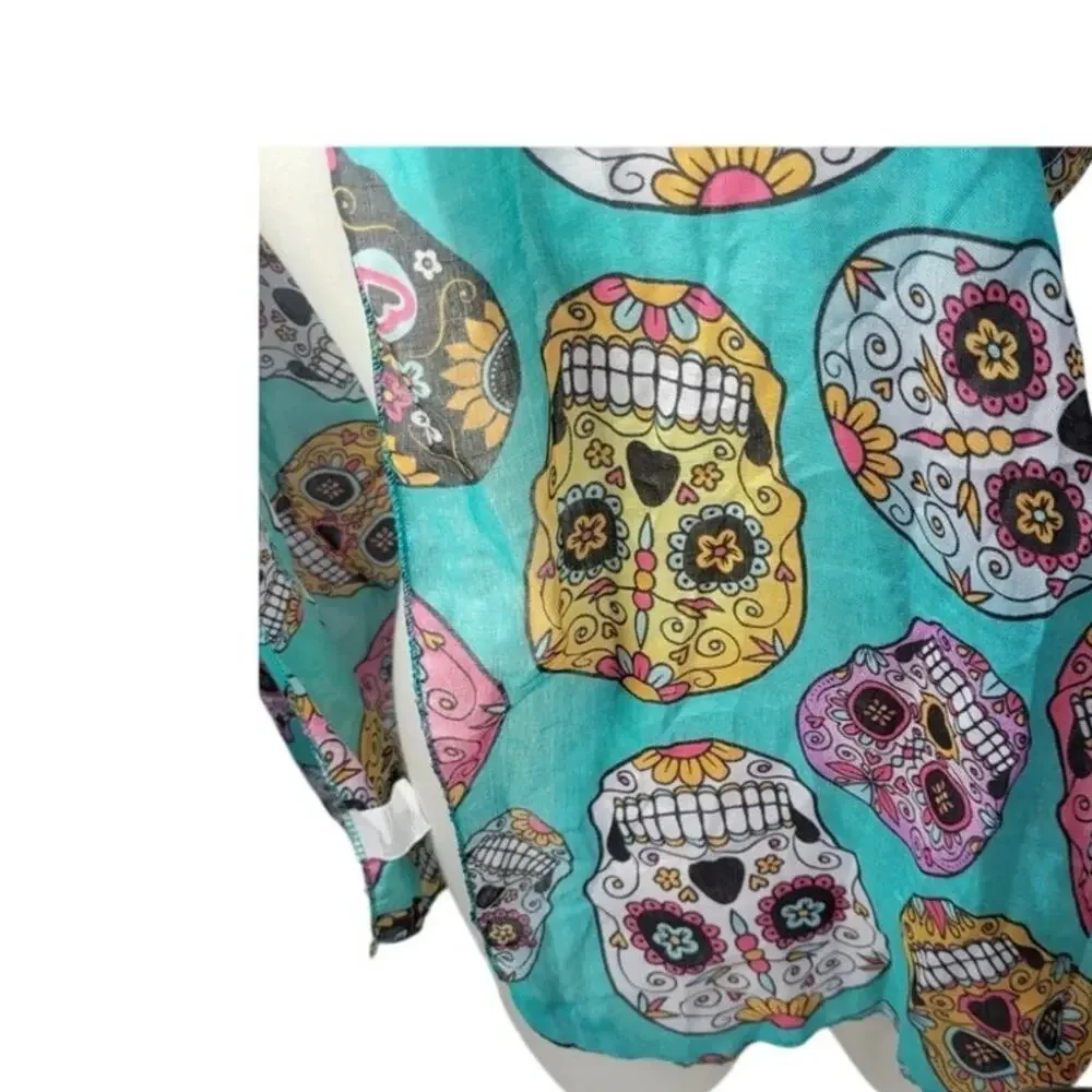 Sugar Skull Scarf Teal Multi Colored Day of the Dead Lightweight Fashion Wrap